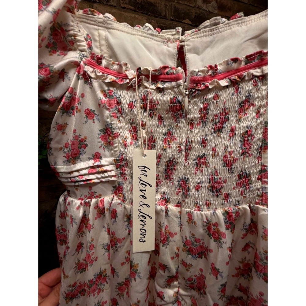 For Love & Lemons Etienne Mini Dress Puff Sleeve Cream Floral Cottagecore Small - Picture 4 of 7